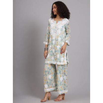 The Chikan Label Blue Women's Mulmul Chikankari Co-Ord Set