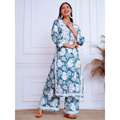The Chikan Label Blue Women's Mulmul Chikankari Co-Ord Set