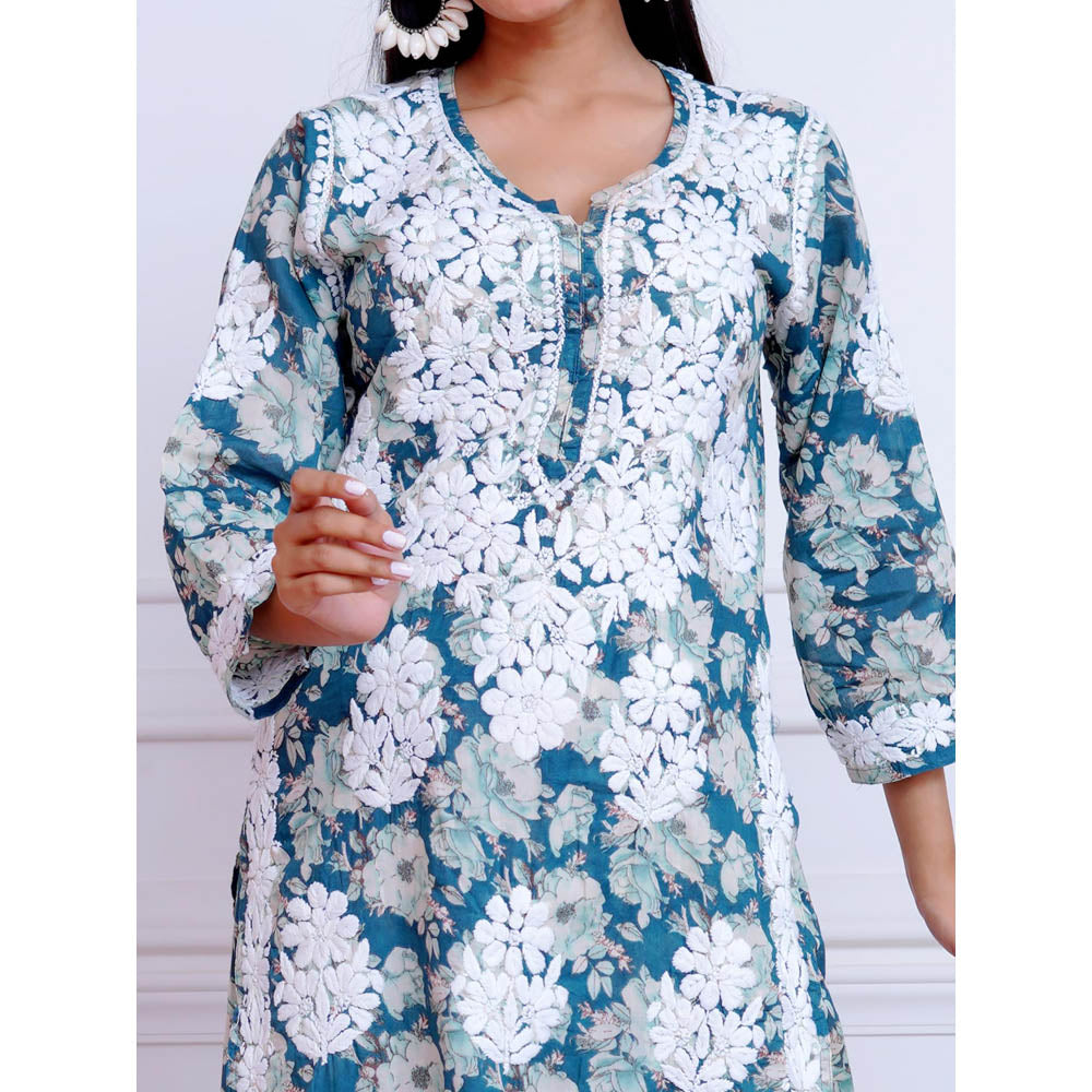 The Chikan Label Blue Women's Mulmul Chikankari Co-Ord Set
