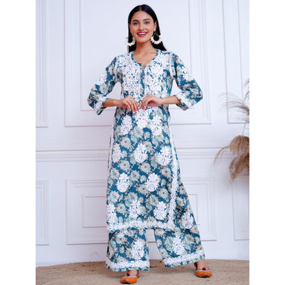 The Chikan Label Blue Women's Mulmul Chikankari Co-Ord Set