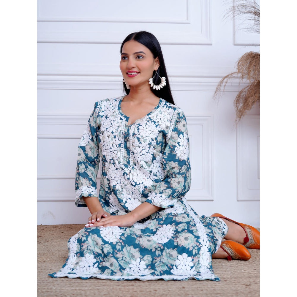 The Chikan Label Blue Women's Mulmul Chikankari Co-Ord Set