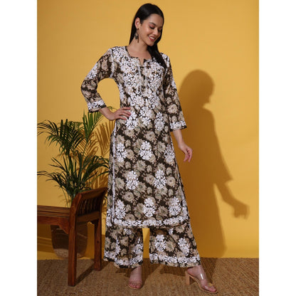 The Chikan Label Brown Women's Mulmul Chikankari Co-Ord Set