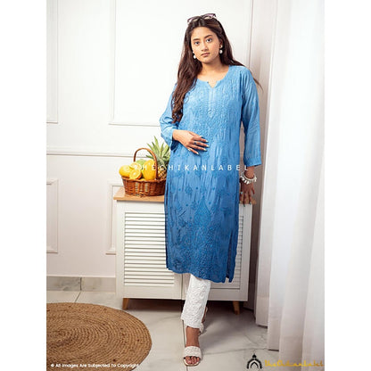 The Chikan Label Jivika Muslin Chikankari Straight Kurti-Blue