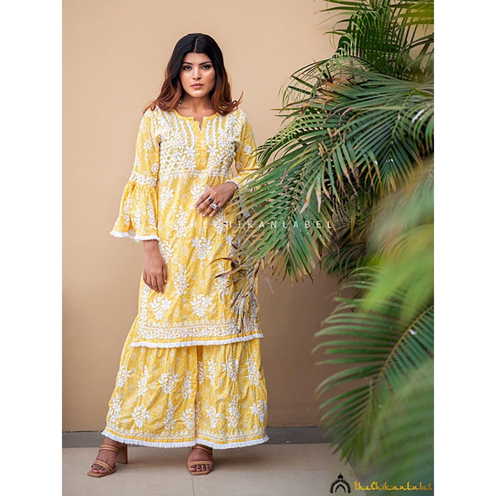 The Chikan Label Bandhani Mulmul Cotton Chikankari Kurta Set - Yellow