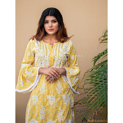 The Chikan Label Bandhani Mulmul Cotton Chikankari Kurta Set - Yellow