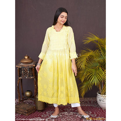 The Chikan Label Yellow Noori Muslin Chikankari Anarkali