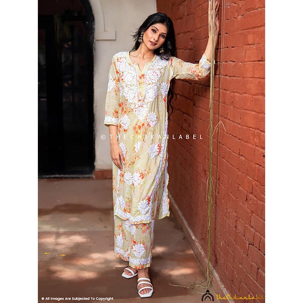 The Chikan Label Darmiyan Mulmul Cotton Kurti Palazzo Set-Green