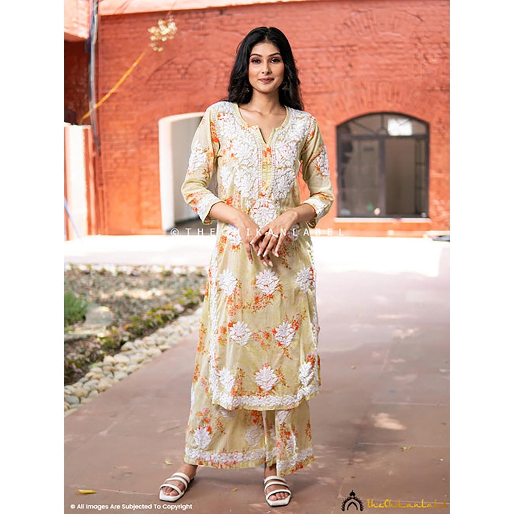The Chikan Label Darmiyan Mulmul Cotton Kurti Palazzo Set-Green