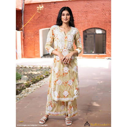 The Chikan Label Darmiyan Mulmul Cotton Kurti Palazzo Set-Green