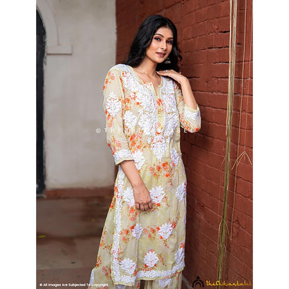 The Chikan Label Darmiyan Mulmul Cotton Kurti Palazzo Set-Green