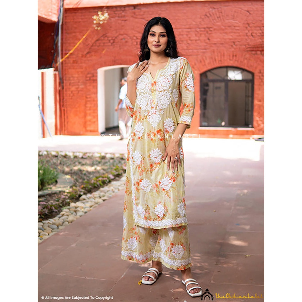 The Chikan Label Darmiyan Mulmul Cotton Kurti Palazzo Set-Green