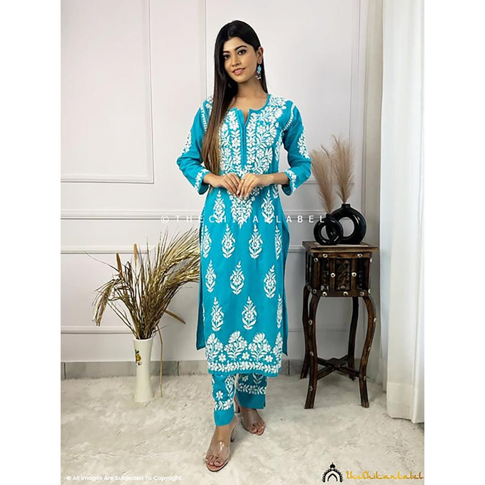 The Chikan Label Ezna Modal Chikankari Kurta Set - Sea Green