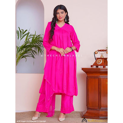 The Chikan Label Alia Muslin Chikankari Kurta Set With Dupatta - Pink