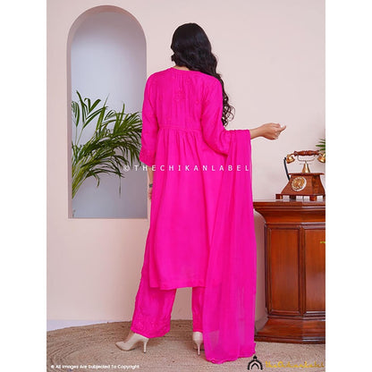 The Chikan Label Alia Muslin Chikankari Kurta Set With Dupatta - Pink