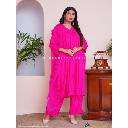 The Chikan Label Alia Muslin Chikankari Kurta Set With Dupatta - Pink