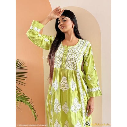 The Chikan Label Amulya Cotton Chikankari Nyra Cut Straight Kurti - Pista Green