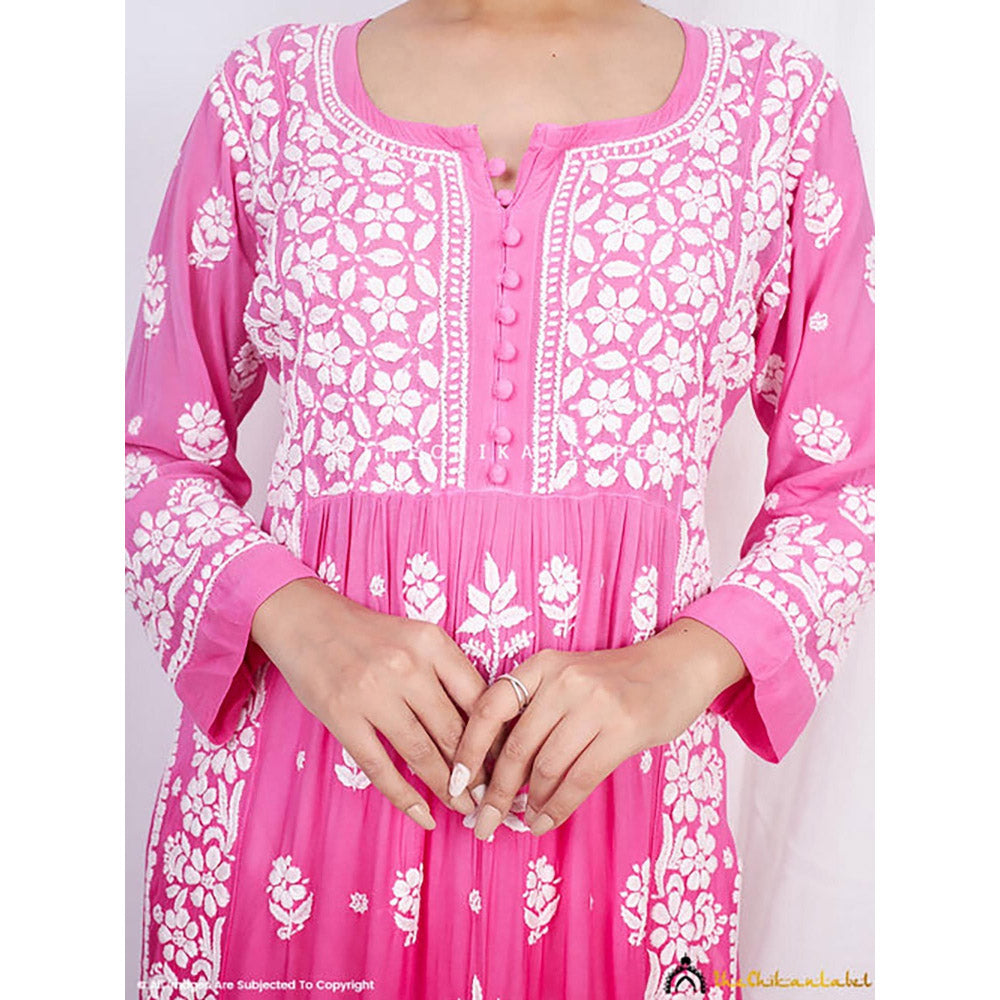 The Chikan Label Vidhi Muslin Chikankari Straight Kurti - Pink