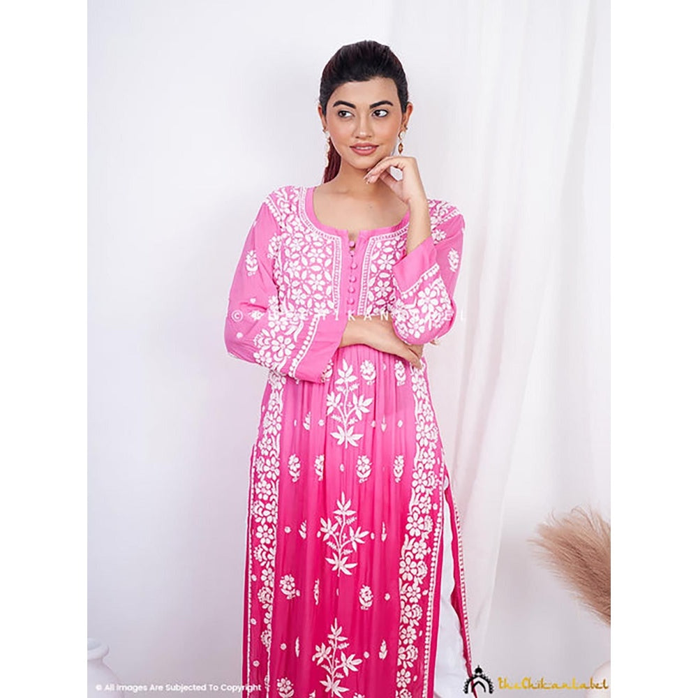 The Chikan Label Vidhi Muslin Chikankari Straight Kurti - Pink