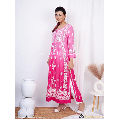The Chikan Label Vidhi Muslin Chikankari Straight Kurti - Pink