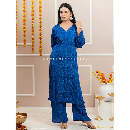 The Chikan Label Noor-E-Bahar Blue Satin Modal Chikankari Kurta Set