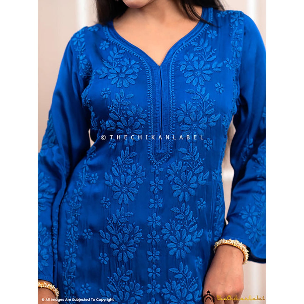 The Chikan Label Noor-E-Bahar Blue Satin Modal Chikankari Kurta Set