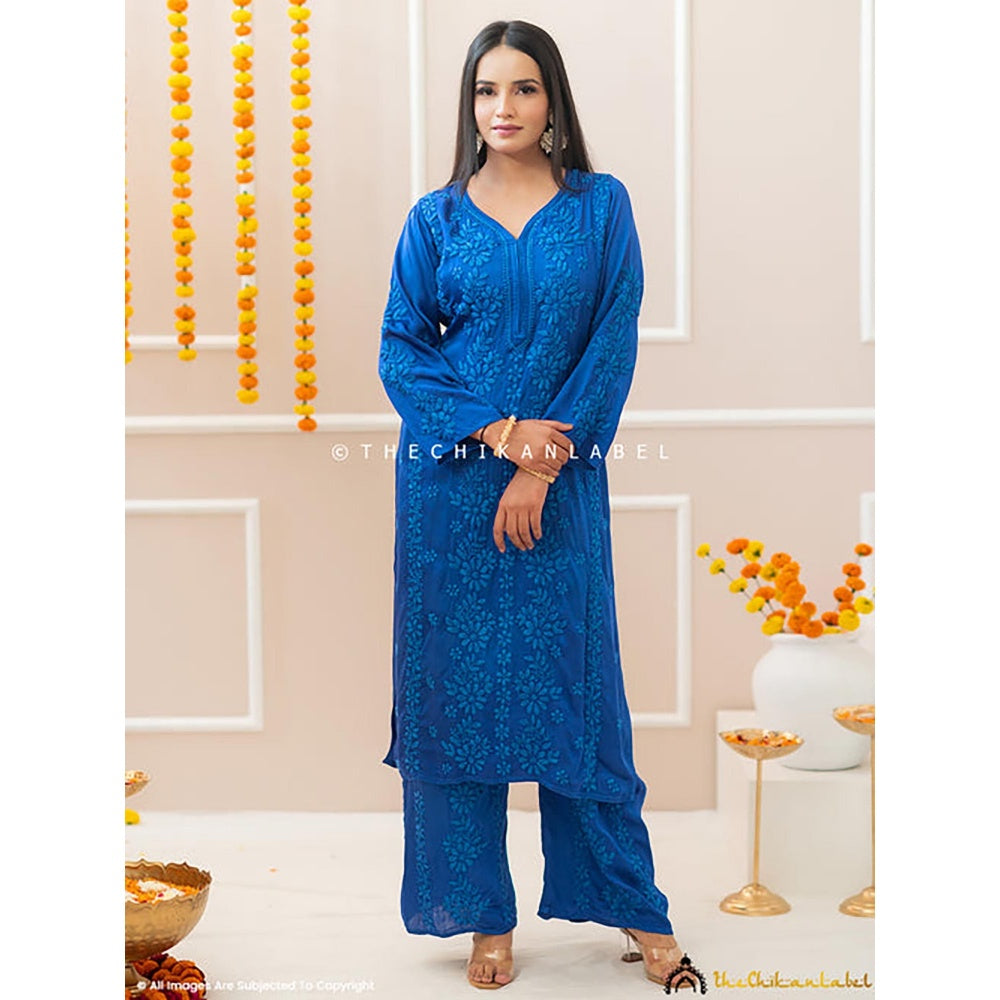 The Chikan Label Noor-E-Bahar Blue Satin Modal Chikankari Kurta Set