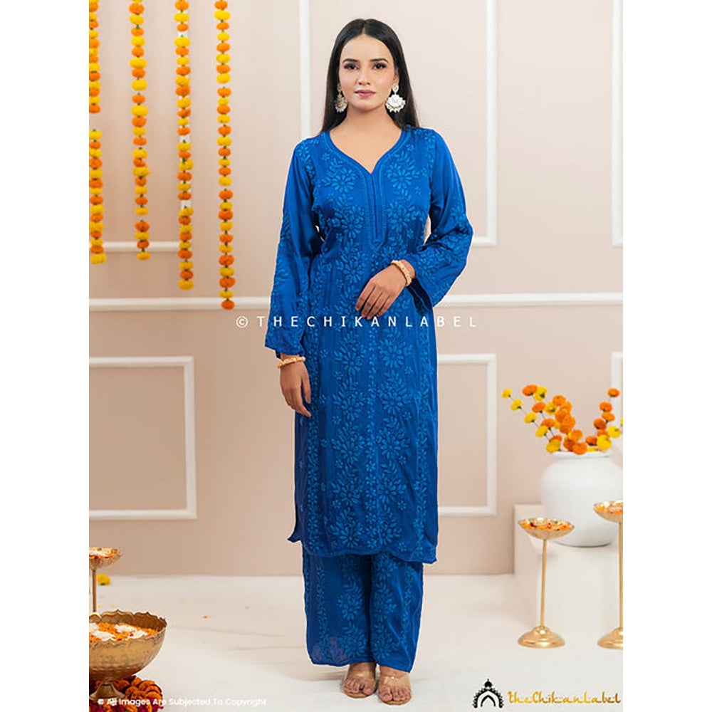 The Chikan Label Noor-E-Bahar Blue Satin Modal Chikankari Kurta Set