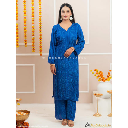 The Chikan Label Noor-E-Bahar Blue Satin Modal Chikankari Kurta Set