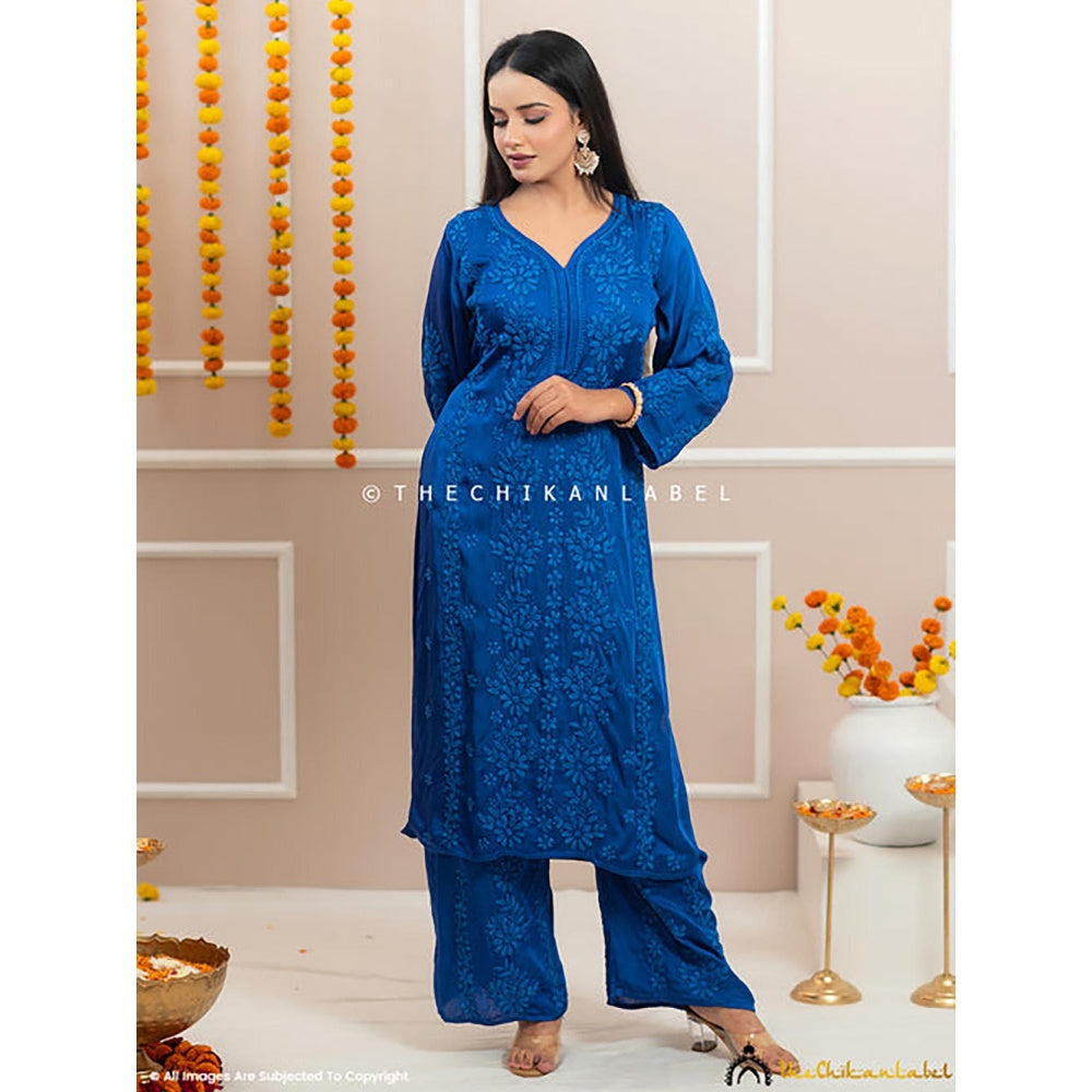 The Chikan Label Noor-E-Bahar Blue Satin Modal Chikankari Kurta Set