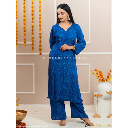The Chikan Label Noor-E-Bahar Blue Satin Modal Chikankari Kurta Set
