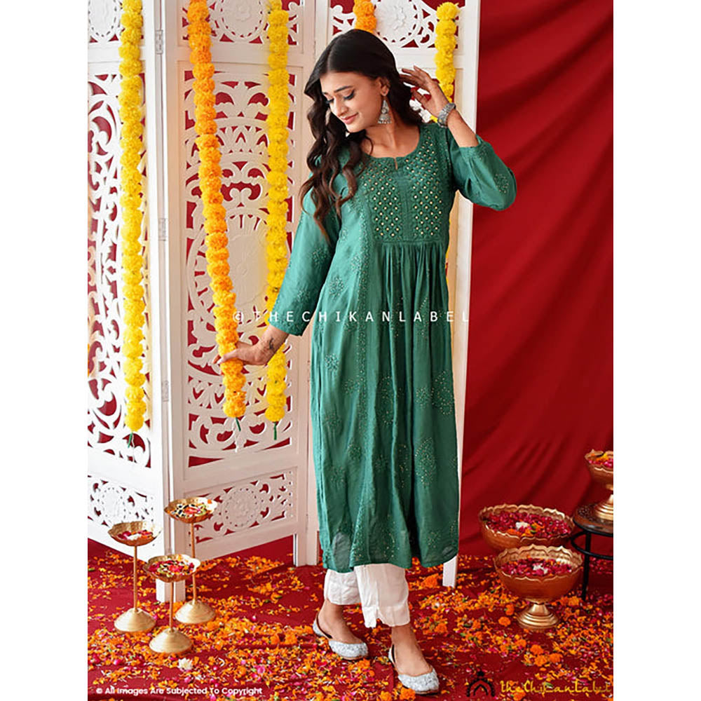 The Chikan Label Green Rooh Chanderi Chikankari A-Line Kurti