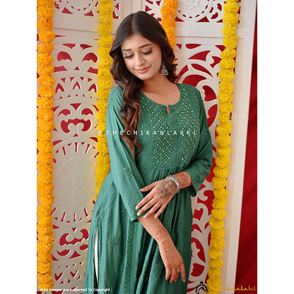 The Chikan Label Green Rooh Chanderi Chikankari A-Line Kurti