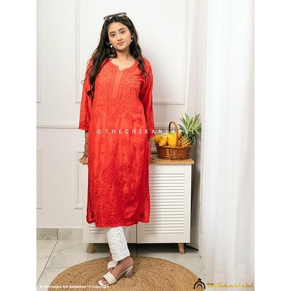 The Chikan Label Jivika Muslin Chikankari Straight Kurti-Red