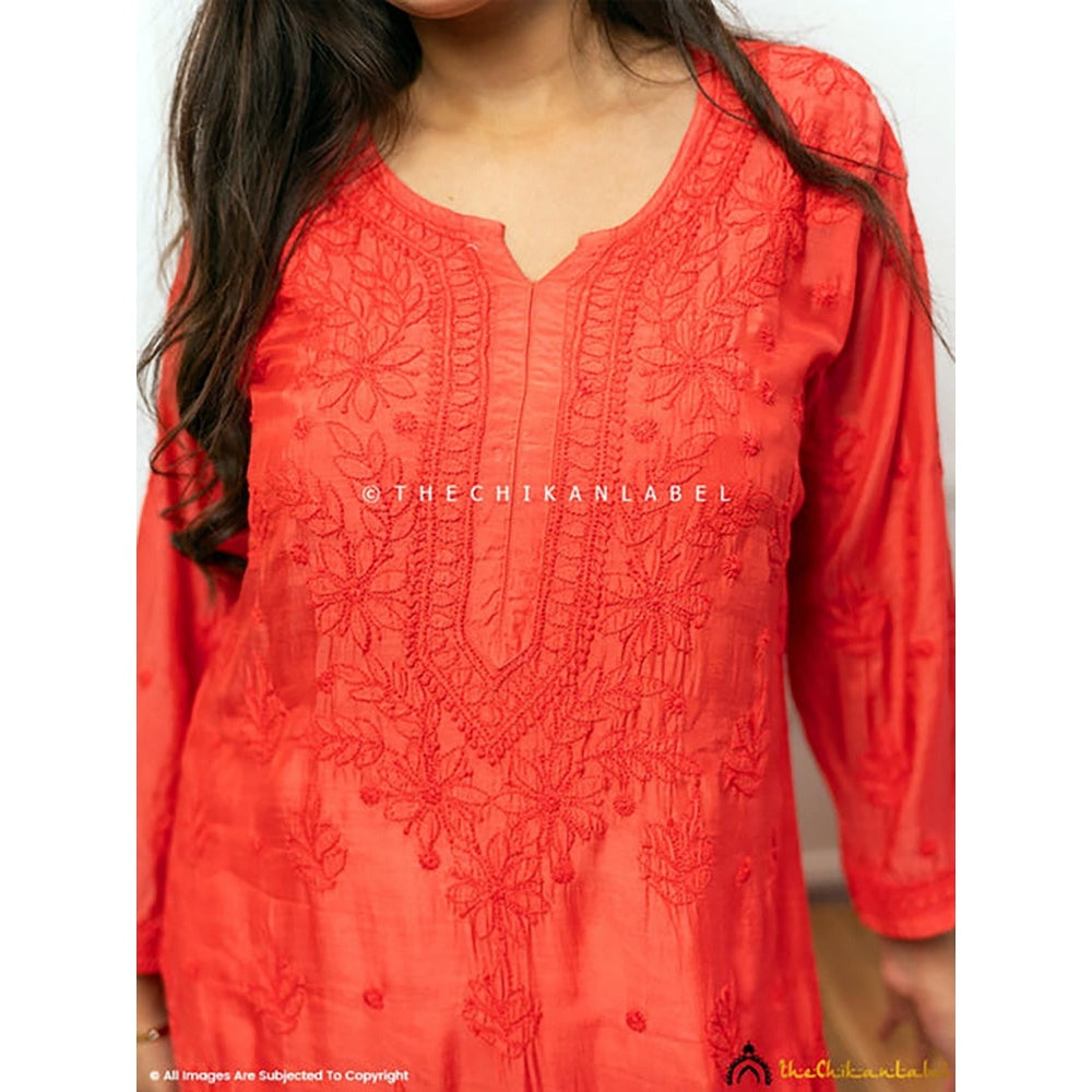 The Chikan Label Jivika Muslin Chikankari Straight Kurti-Red