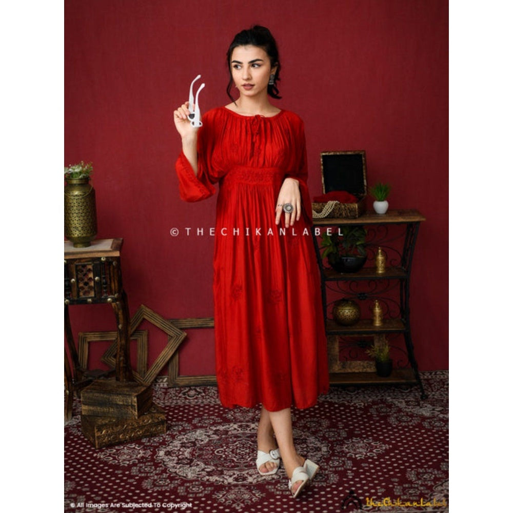The Chikan Label Embroidered Chikankari Muslin Red Midi Dress