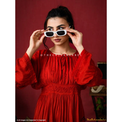 The Chikan Label Embroidered Chikankari Muslin Red Midi Dress