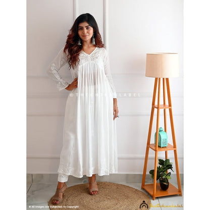The Chikan Label Embroidered Chikankari Muslin White Anarkali Kurta with Inner