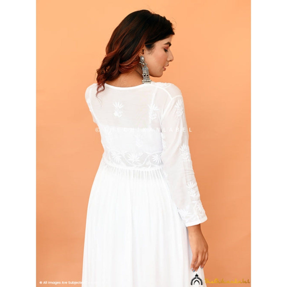 The Chikan Label Embroidered Chikankari Muslin White Anarkali Kurta with Inner