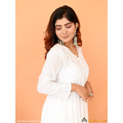 The Chikan Label Embroidered Chikankari Muslin White Anarkali Kurta with Inner