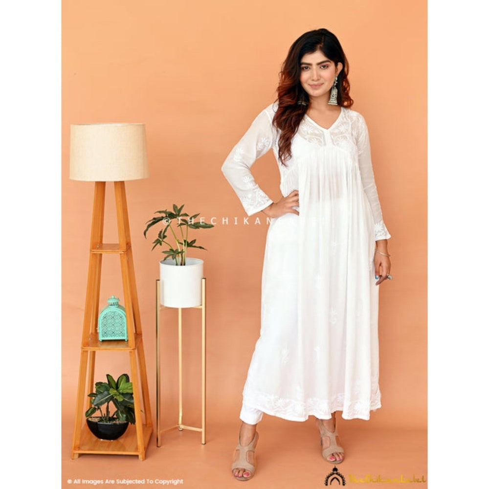 The Chikan Label Embroidered Chikankari Muslin White Anarkali Kurta with Inner