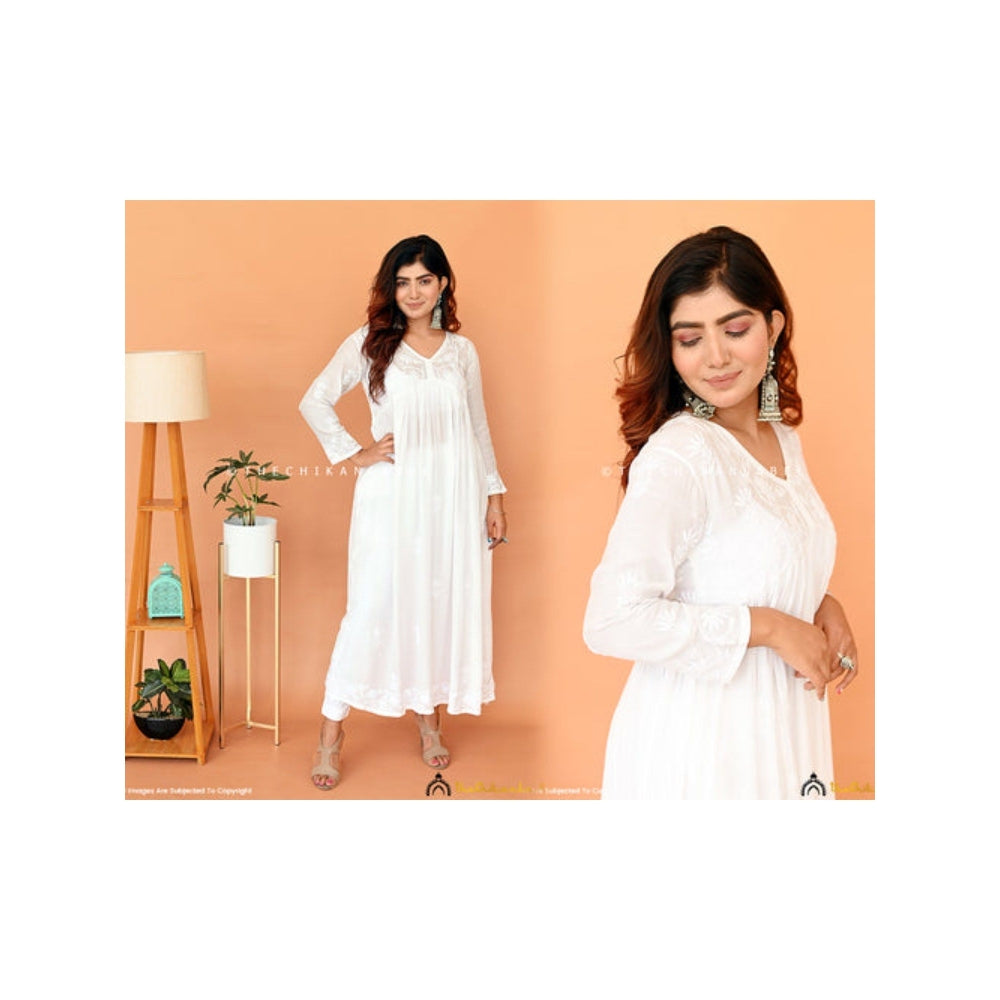 The Chikan Label Embroidered Chikankari Muslin White Anarkali Kurta with Inner