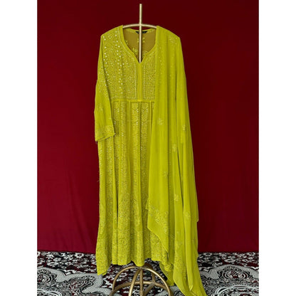 The Chikan Label Embroidered Embellished/Sequined Viscose Green Anarkali Kurta