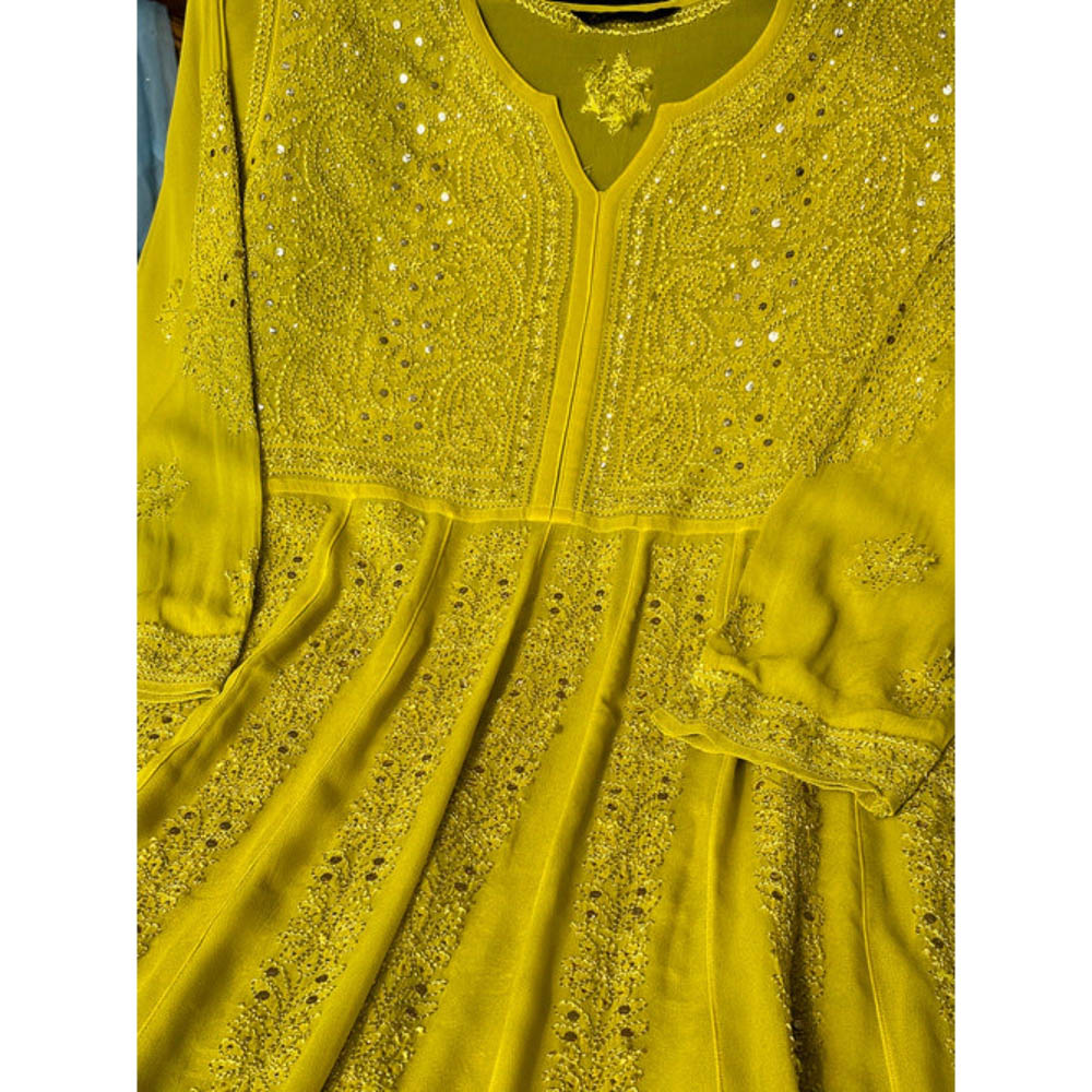 The Chikan Label Embroidered Embellished/Sequined Viscose Green Anarkali Kurta