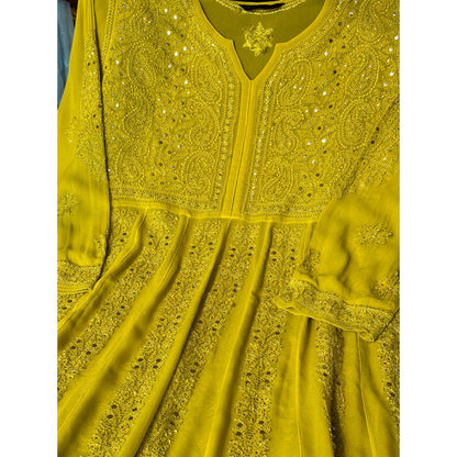 The Chikan Label Embroidered Embellished/Sequined Viscose Green Anarkali Kurta