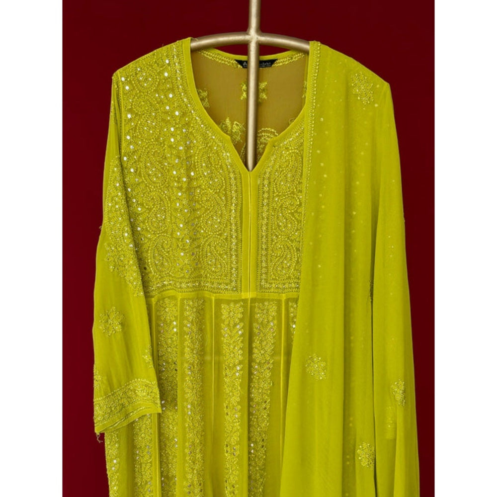 The Chikan Label Embroidered Embellished/Sequined Viscose Green Anarkali Kurta