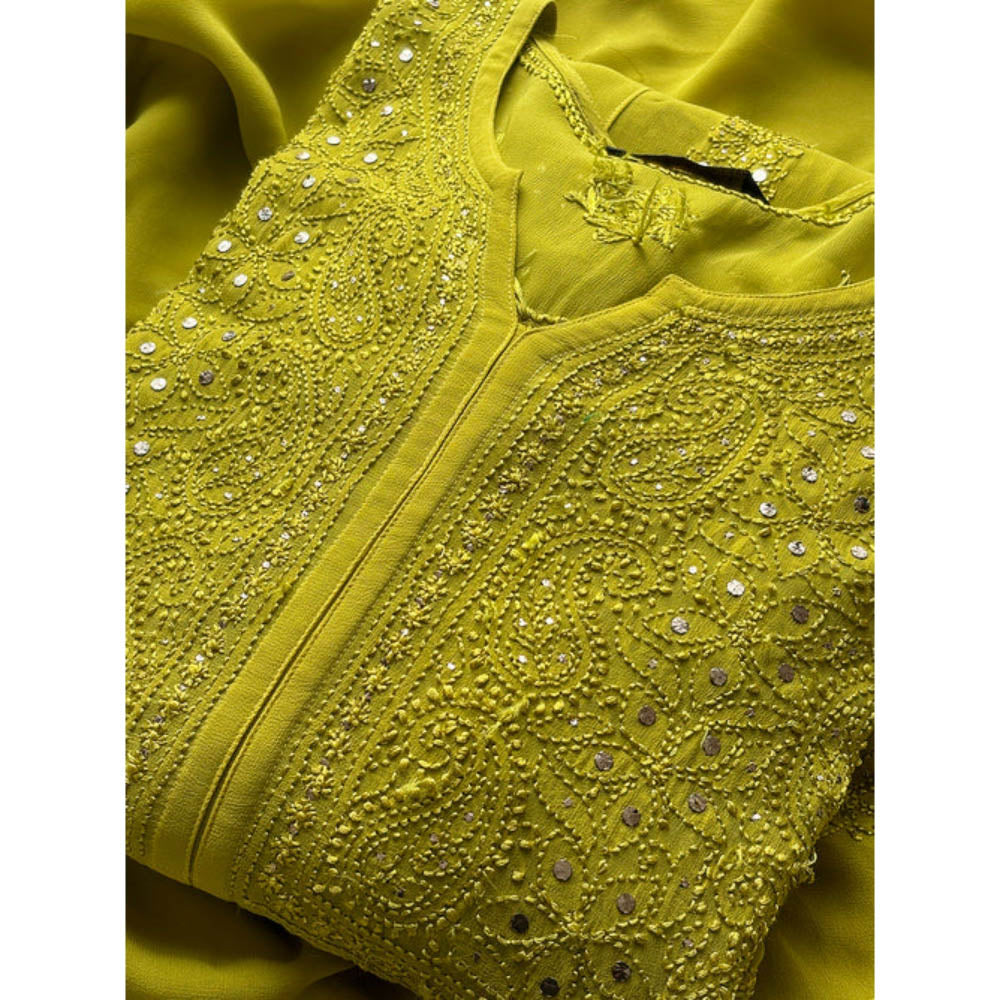 The Chikan Label Embroidered Embellished/Sequined Viscose Green Anarkali Kurta