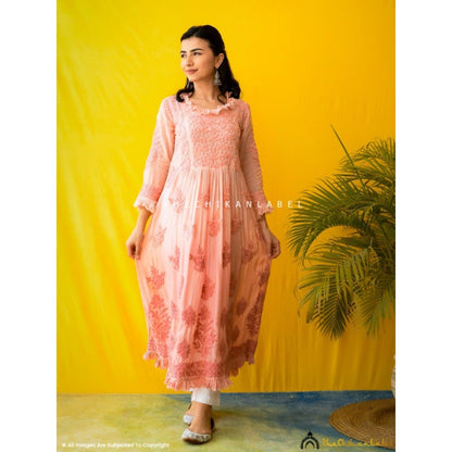 The Chikan Label Embroidered Chikankari Muslin Peach Anarkali Kurta