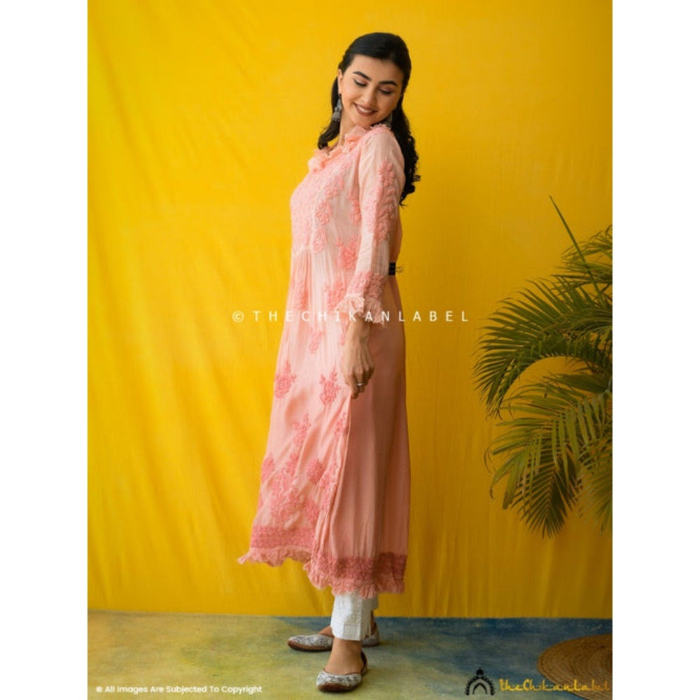 The Chikan Label Embroidered Chikankari Muslin Peach Anarkali Kurta