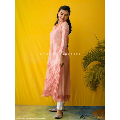 The Chikan Label Embroidered Chikankari Muslin Peach Anarkali Kurta