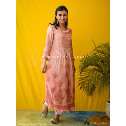 The Chikan Label Embroidered Chikankari Muslin Peach Anarkali Kurta